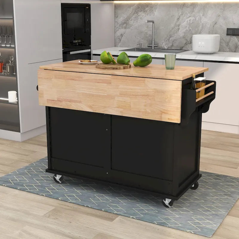 Carro de cocina con encimera de madera de caucho abatible, puerta corredera oculta de granero de altura ajustable, isla de cocina con 4 ruedas