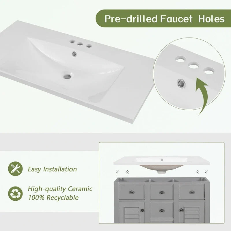 Mueble de baño con lavabo cerámico, dos armarios y cinco cajones