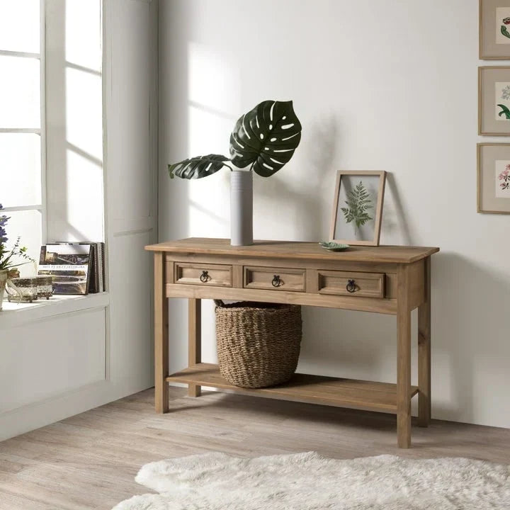 Mesa Consola de Pasillo Rústica de Pino Macizo, Blanqueado / Marrón Antiguo / Lavado Gris / Sin Pintar, 3 Cajones
