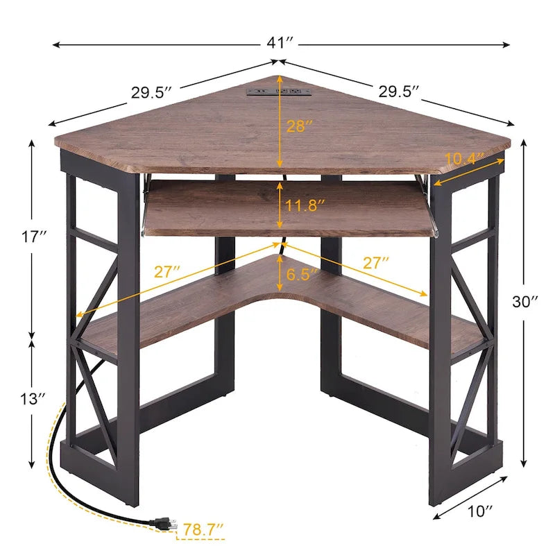 Escritorio de esquina, escritorio pequeño con enchufes, mesa de esquina para espacios pequeños, escritorio de computadora con puertos USB, escritorio triangular con almacenamiento