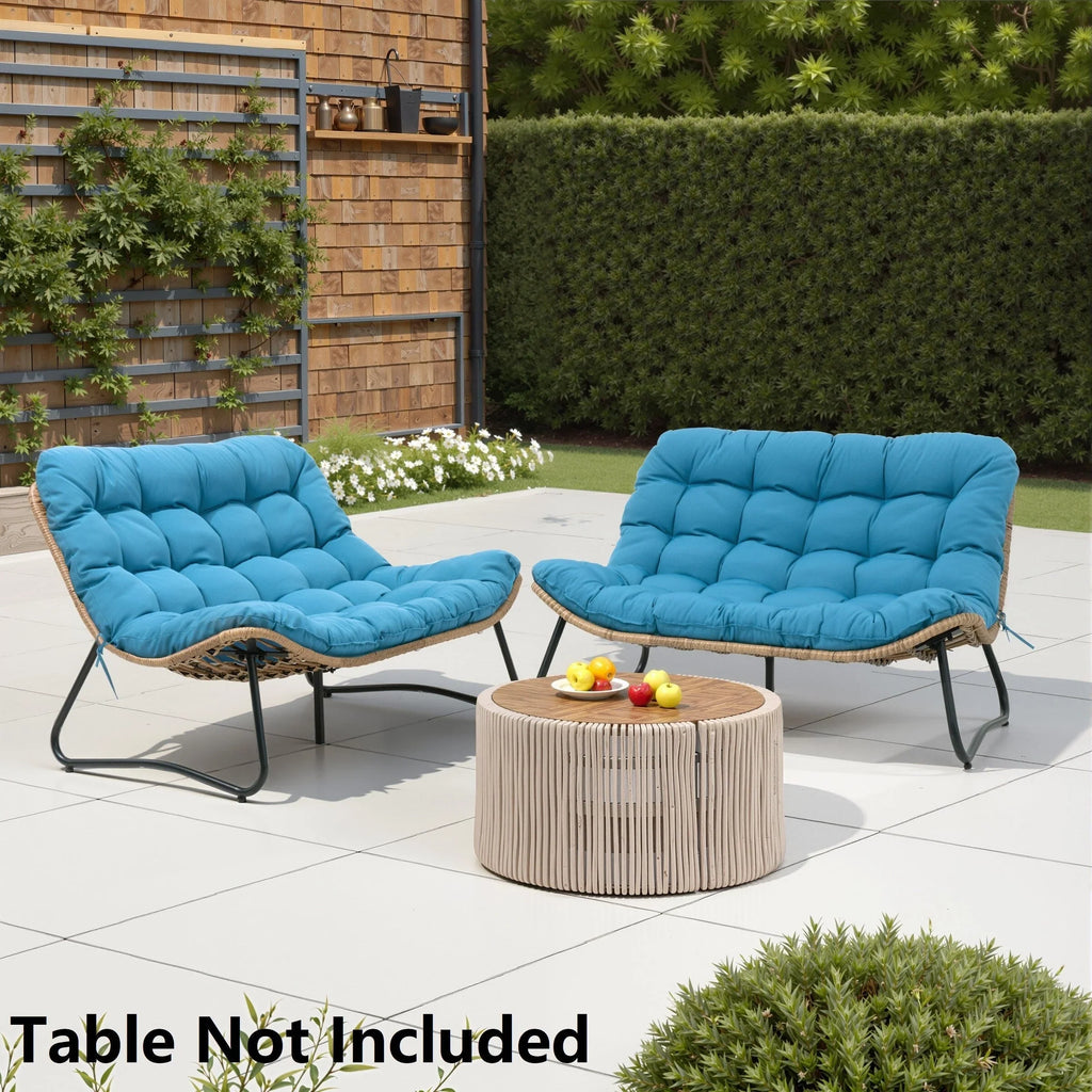 Sofá biplaza doble Papasan con cojín, ratán PE para todo tipo de clima y estructura metálica para interior/exterior
