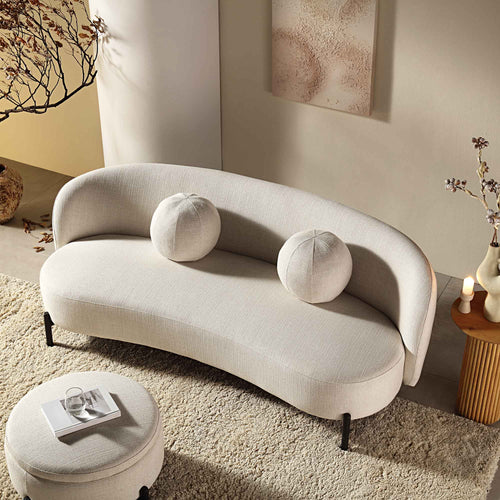 Sofá curvado de 3 plazas con cojines de bola, mezcla de lino beige