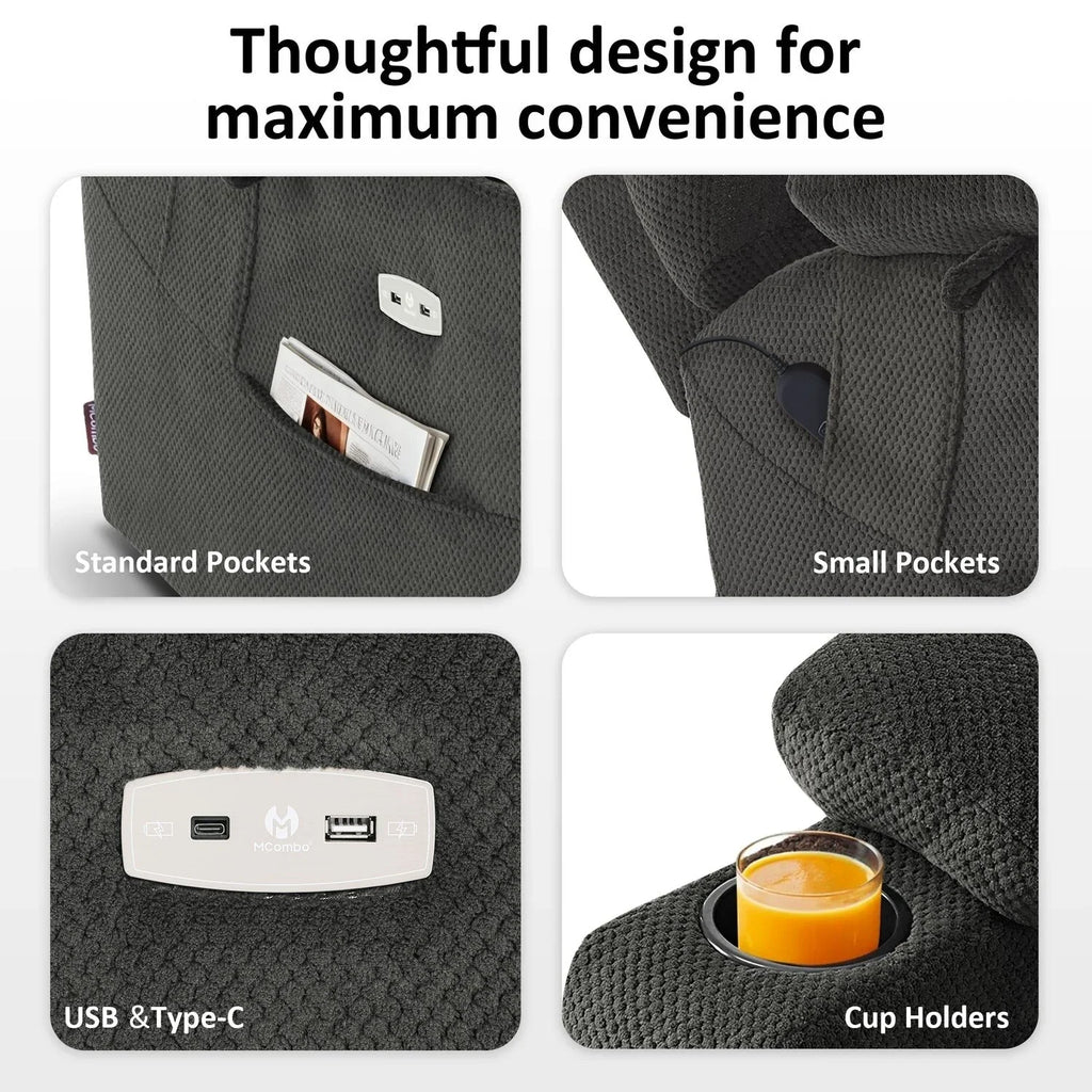 MCombo Sillón reclinable elevador eléctrico con motor dual ancho grande, masaje y doble calefacción para personas mayores altas y corpulentas, tela R7635