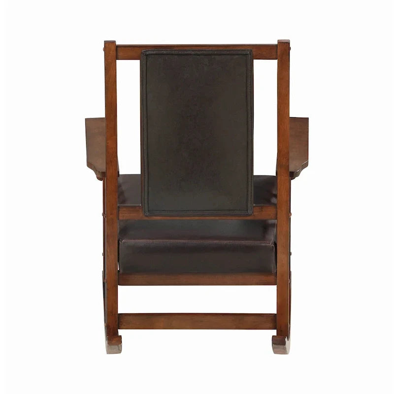 Mecedora estilo misionero, asiento y respaldo tapizados en cuero, tabaco y marrón oscuro