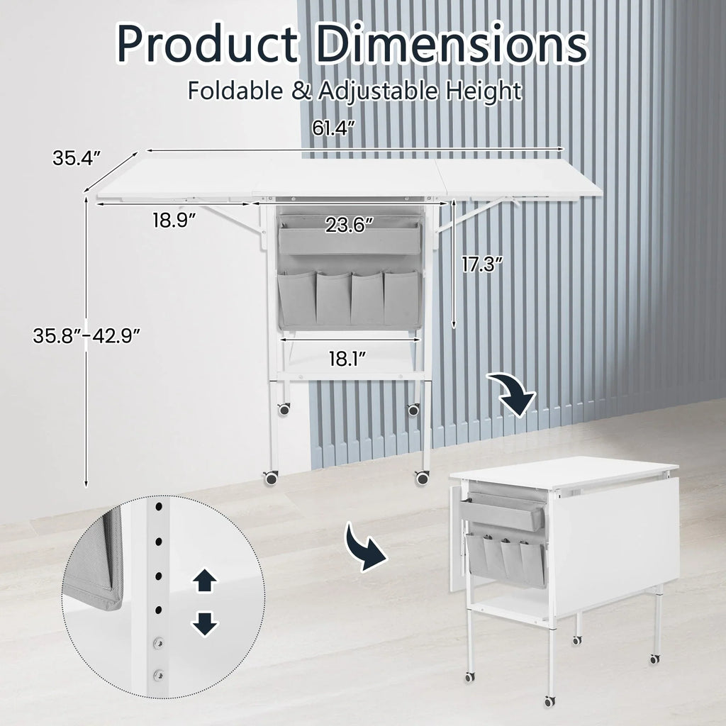 Mesa de manualidades ajustable en altura con estantes de almacenamiento, mesa de corte plegable móvil para oficina en casa, sala de costura, sala de manualidades