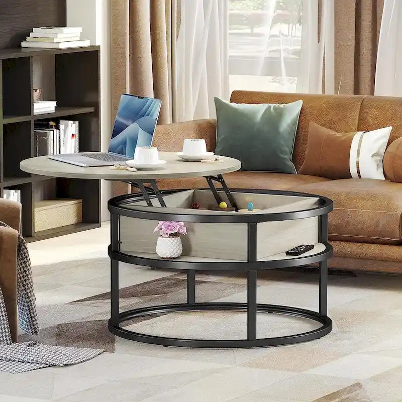 Mesa de centro redonda elevable Moasis Farmhouse con almacenamiento oculto y estante