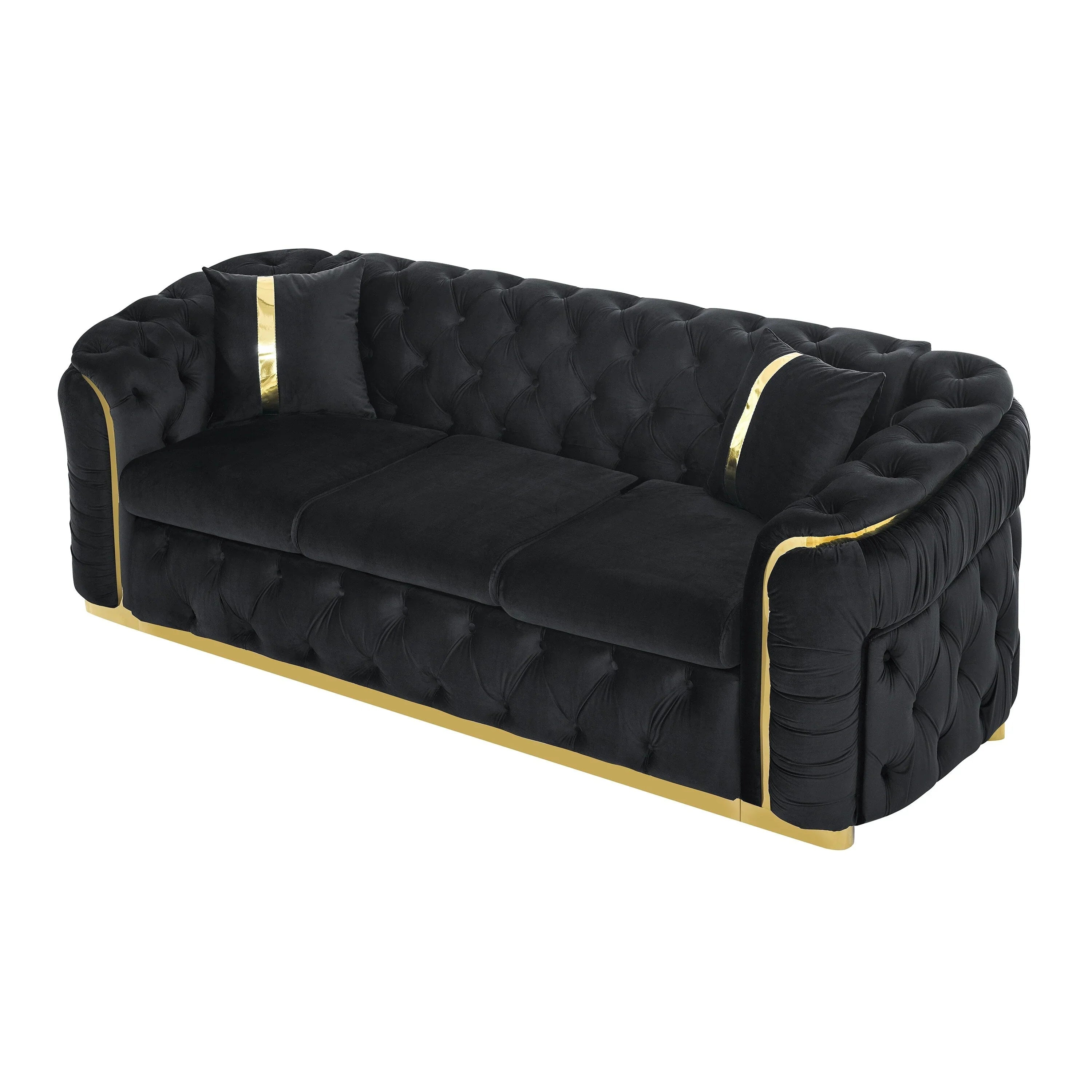 Sofá de 3 plazas Velvet de 90.6 con 2 cojines, cojines de alta densidad, detalles dorados y almohadas