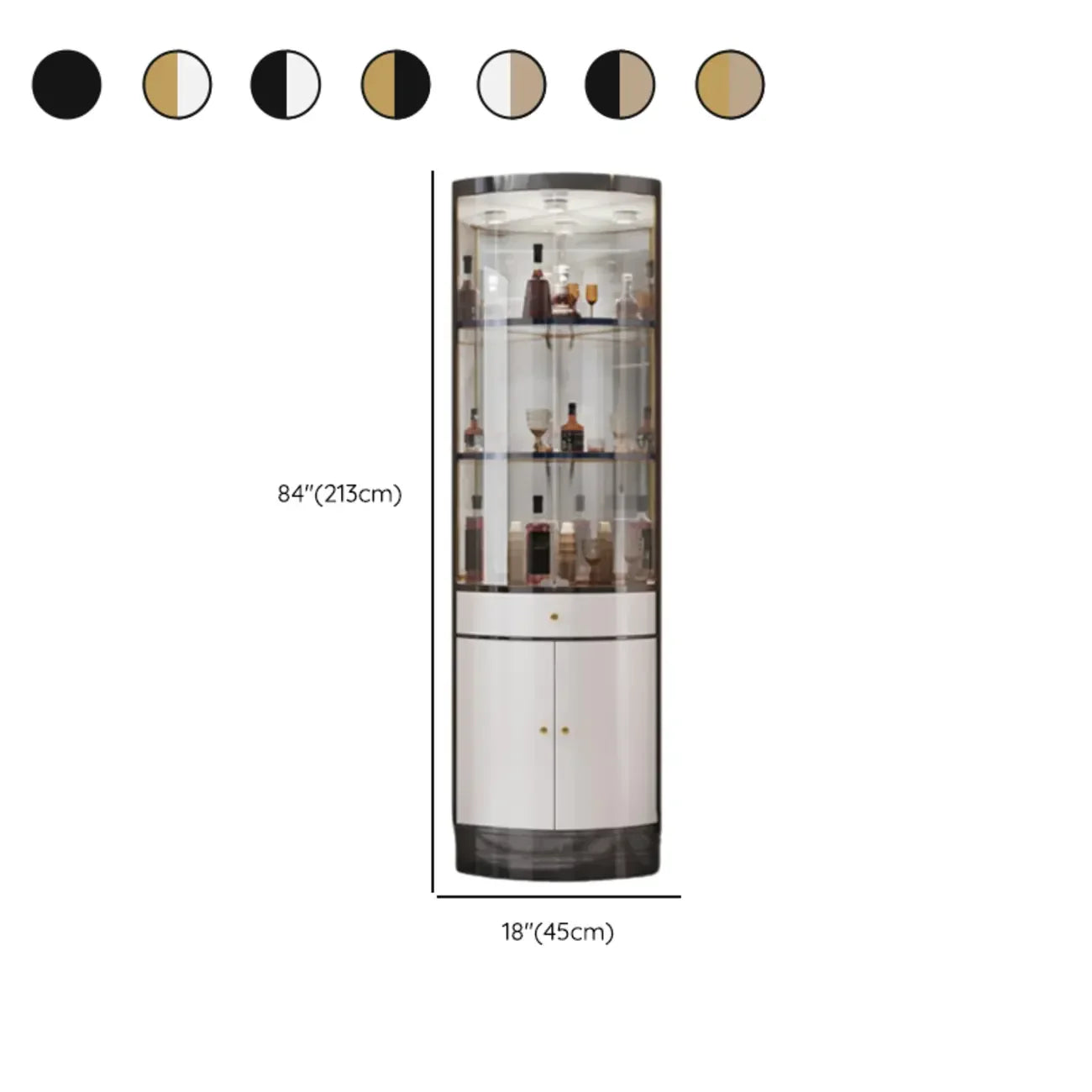 Vitrina esquinera para vinos con estantes de cristal y metal de varios niveles