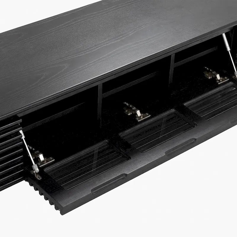 Mueble de TV Minimalista con CajonesMueble de TV de Madera Maciza con Armarios, Puerta Abatible, Chapa de Nogal, Completamente Ensamblado
