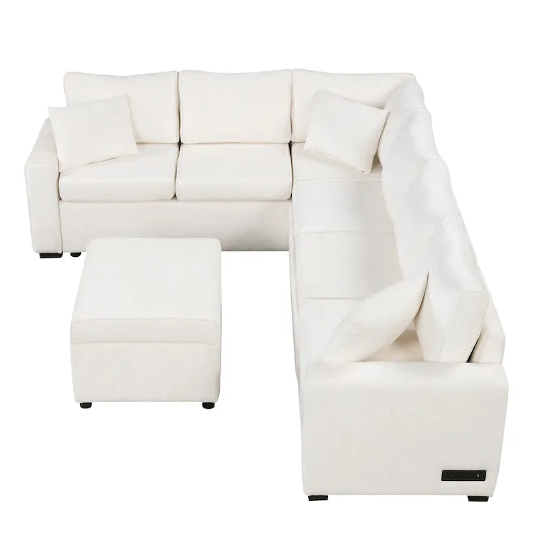 Sofá seccional de chenilla con sofá cama extraíble, sofá cama en forma de L con otomana de almacenamiento, 3 almohadas y dispositivos de carga