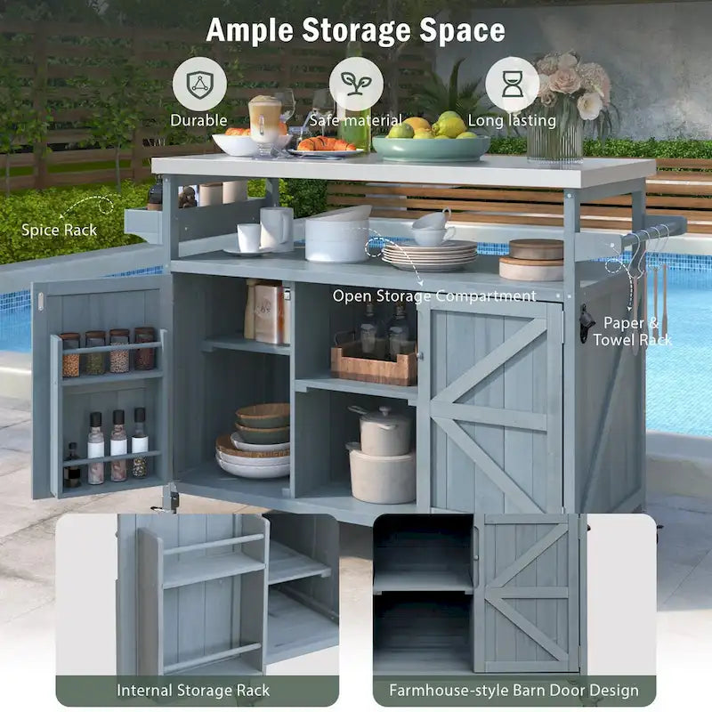 Isla de cocina exterior, carrito de bar con ruedas y armario de almacenamiento, mesa de parrilla de madera maciza con parte superior de acero inoxidable, especiero, toallero