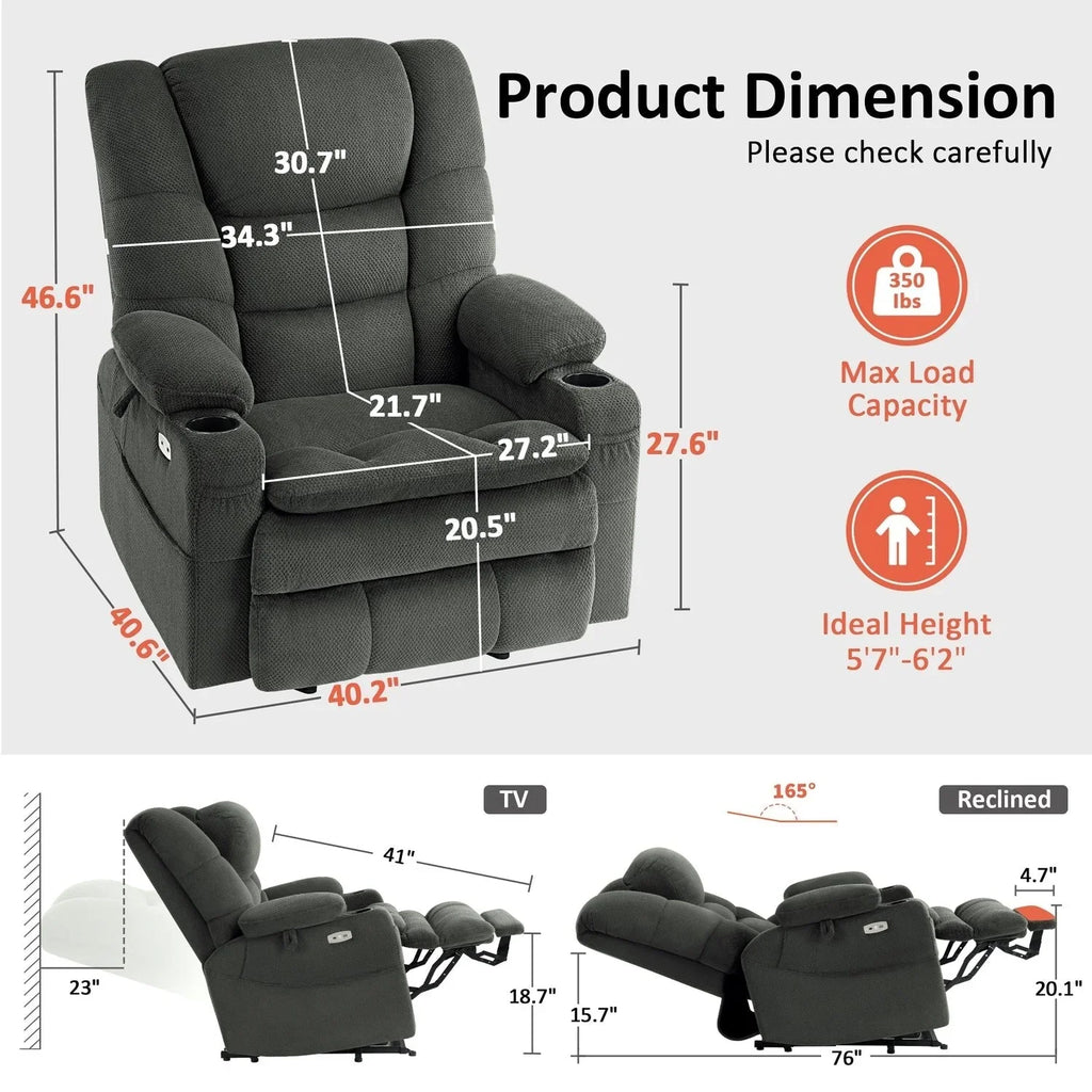 MCombo Sillón reclinable elevador eléctrico con motor dual ancho grande, masaje y doble calefacción para personas mayores altas y corpulentas, tela R7635