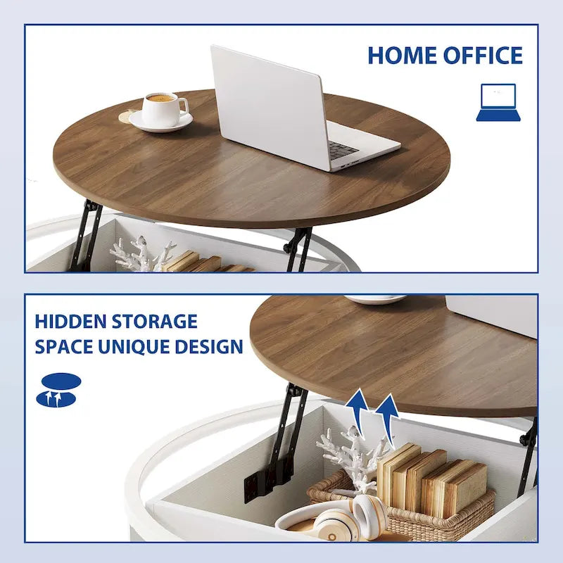 Mesa de centro redonda elevable Moasis Farmhouse con almacenamiento oculto y estante