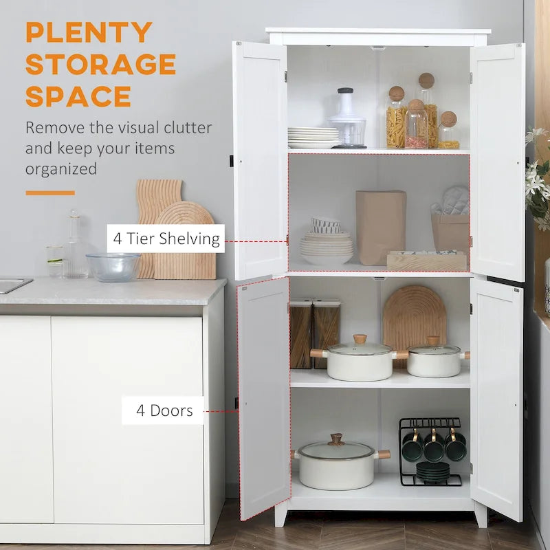 HOMCOM Armario de cocina independiente de 72 pulgadas con 4 puertas, organizador de almacenamiento con 4 niveles y estantes ajustables, blanco