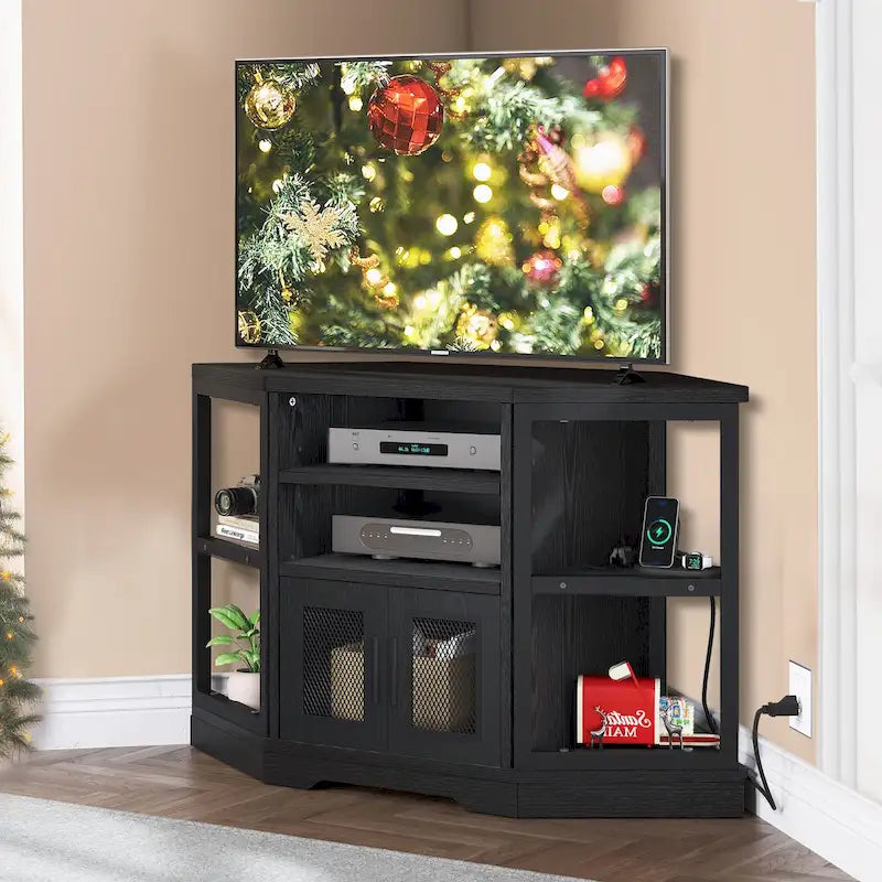 Mueble esquinero para TV estilo rústico, centro de entretenimiento y consola multimedia para televisores de hasta 55 pulgadas con toma de corriente