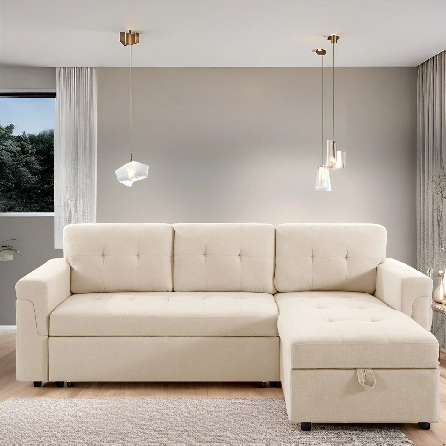 Sofá seccional reversible convertible con cama extraíble, chaise longue con almacenamiento oculto y patas duraderas