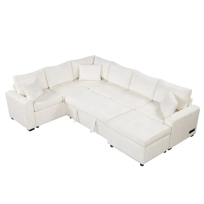 Sofá seccional de chenilla con sofá cama extraíble, sofá cama en forma de L con otomana de almacenamiento, 3 almohadas y dispositivos de carga