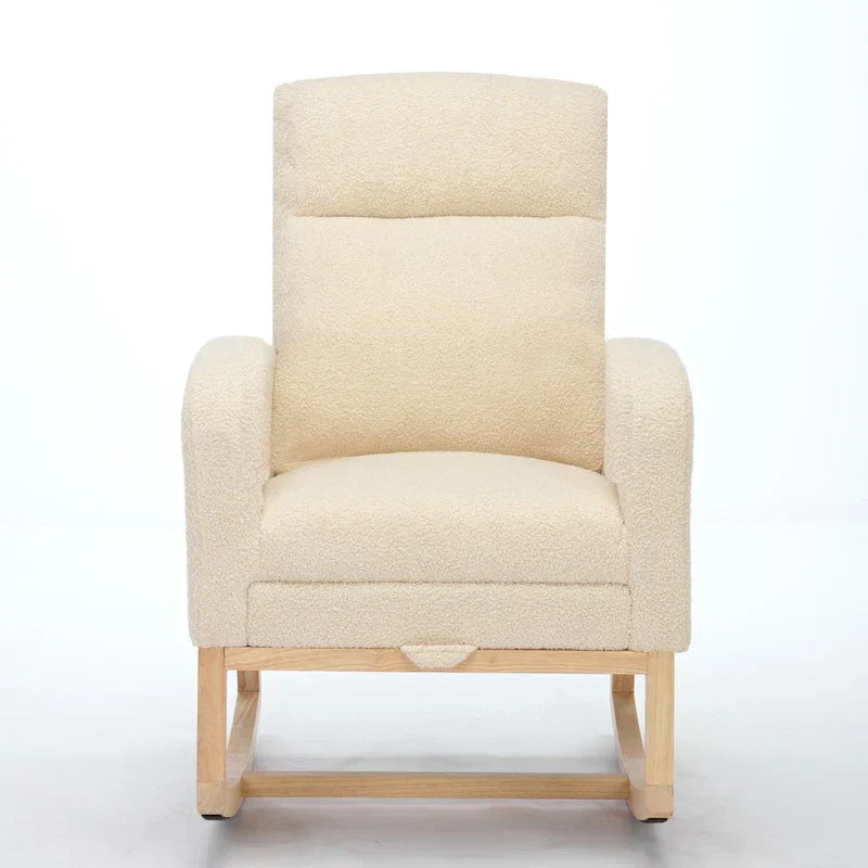 Moderna mecedora tapizada de respaldo alto de 29.5" con patas de madera maciza y reposapiés ajustable