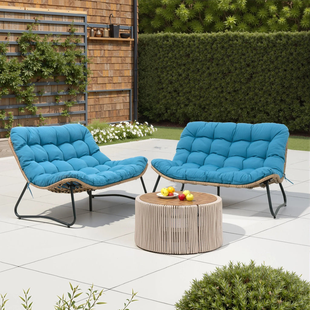 Sofá biplaza doble Papasan con cojín, ratán PE para todo tipo de clima y estructura metálica para interior/exterior