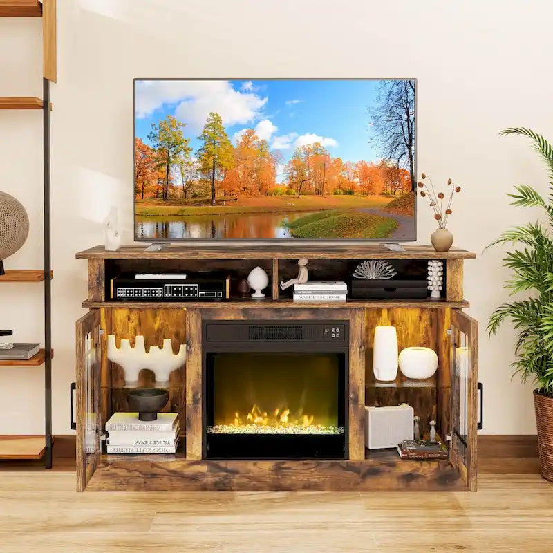 Mueble para TV con chimenea eléctrica, luces LED y mandos a distancia