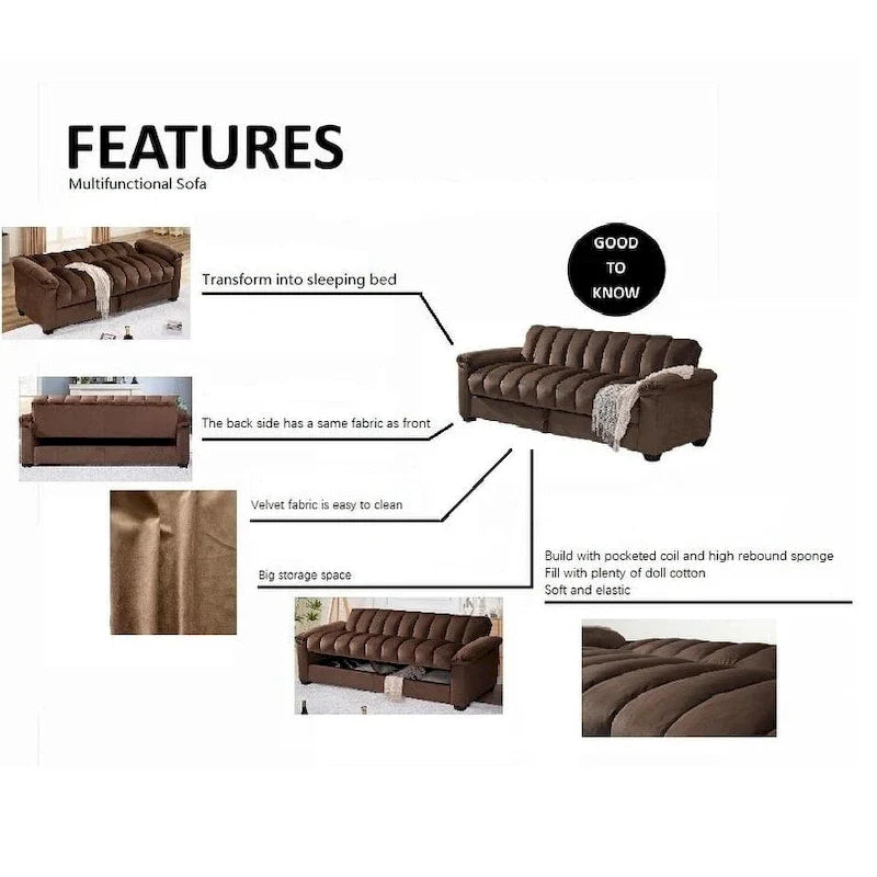 Sofá cama convertible de almacenamiento de terciopelo de 82.7" con 2 almohadas