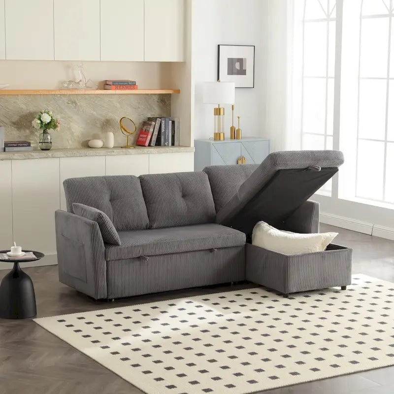 Sofá seccional de chenilla/pana tapizado en forma de L con almacenamiento y chaise reversible con bolsillo lateral