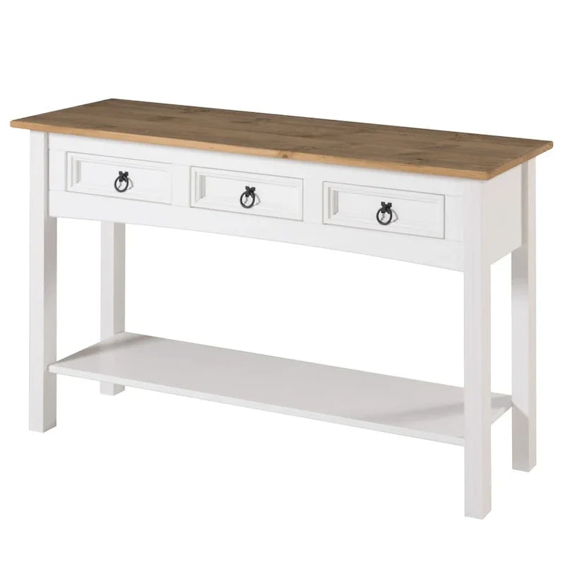 Mesa Consola de Pasillo Rústica de Pino Macizo, Blanqueado / Marrón Antiguo / Lavado Gris / Sin Pintar, 3 Cajones