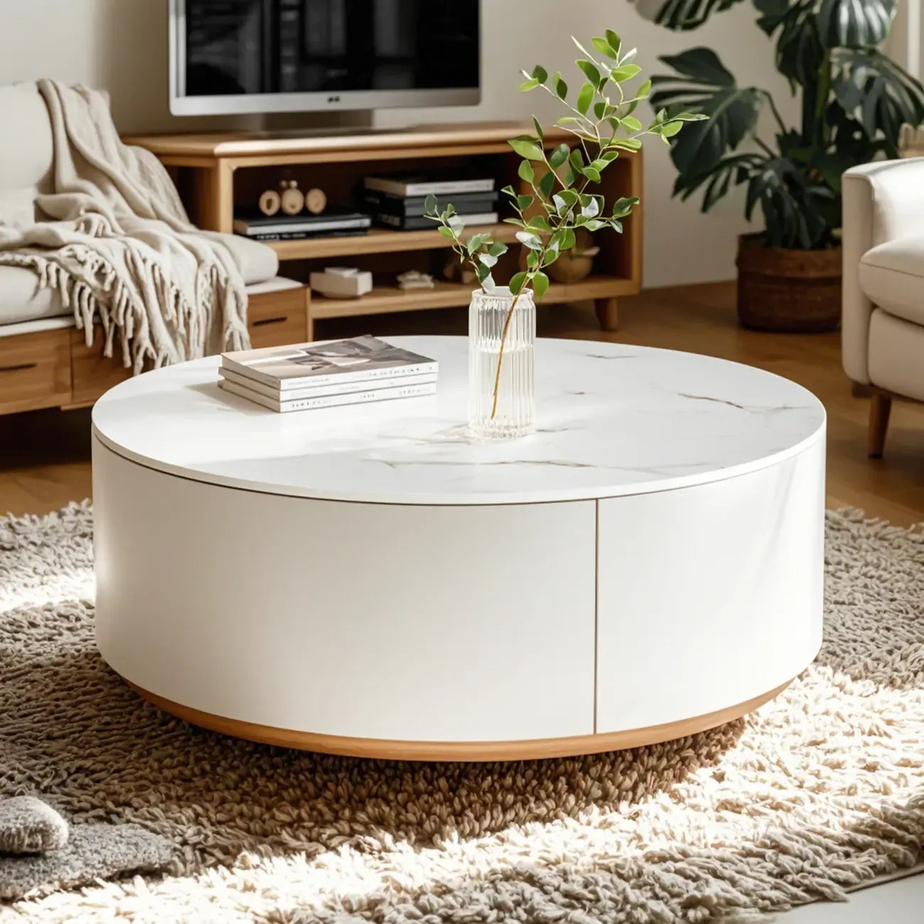 Mesa de centro redonda moderna blanca de madera con cajones tipo tambor
