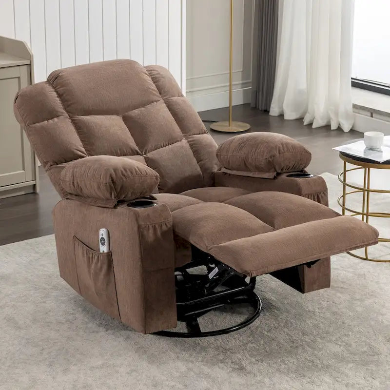 Reclinable extragrande gris con calor y masaje, reclinación de 150°, balanceo de 30°, carga USB y 2 portavasos