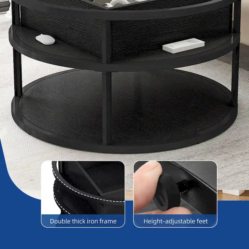 Mesa de centro redonda elevable Moasis Farmhouse con almacenamiento oculto y estante