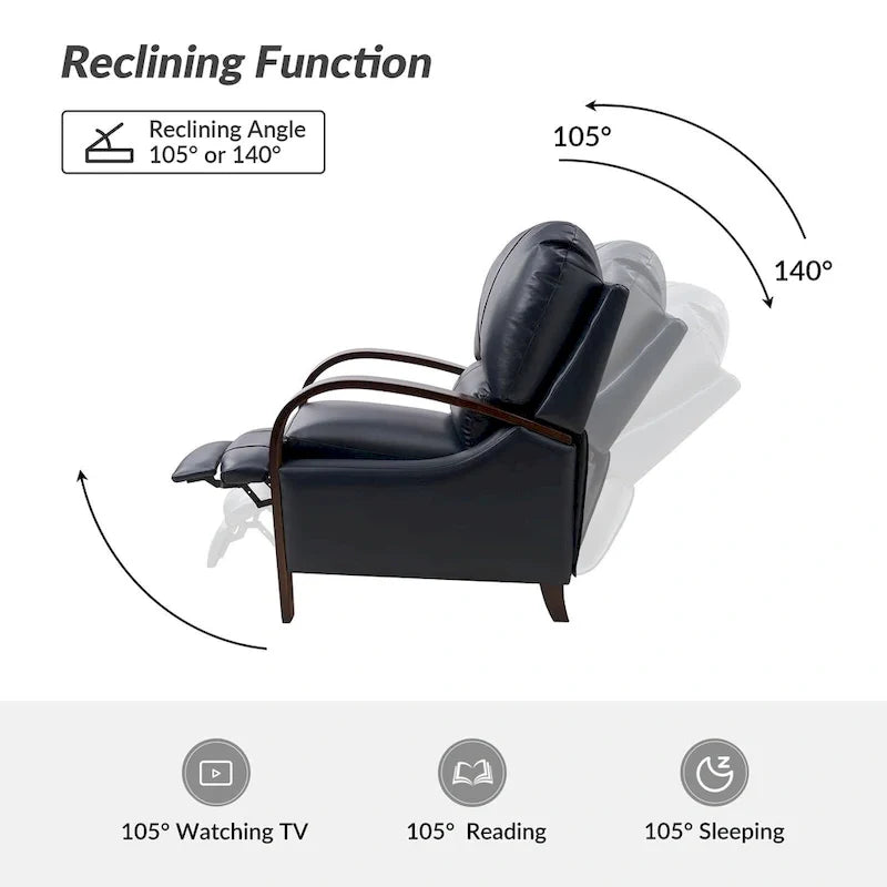 Sofá reclinable manual Alex Mid-century Modern Cigar de cuero genuino con brazos curvos de madera