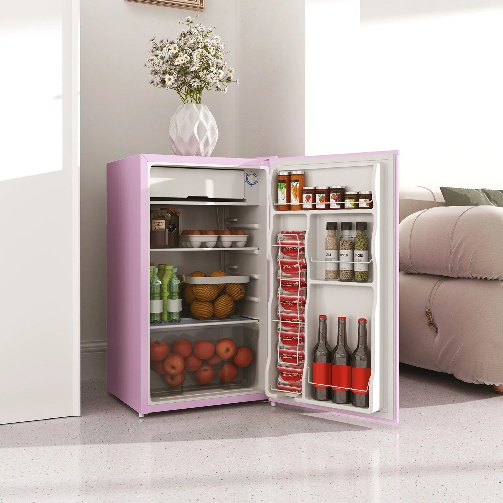 Mini Frigo da 3,2 Cu.Ft con Congelatore, Frigorifero Compatto a Porta Singola con Termostato Regolabile per Camera da Letto
