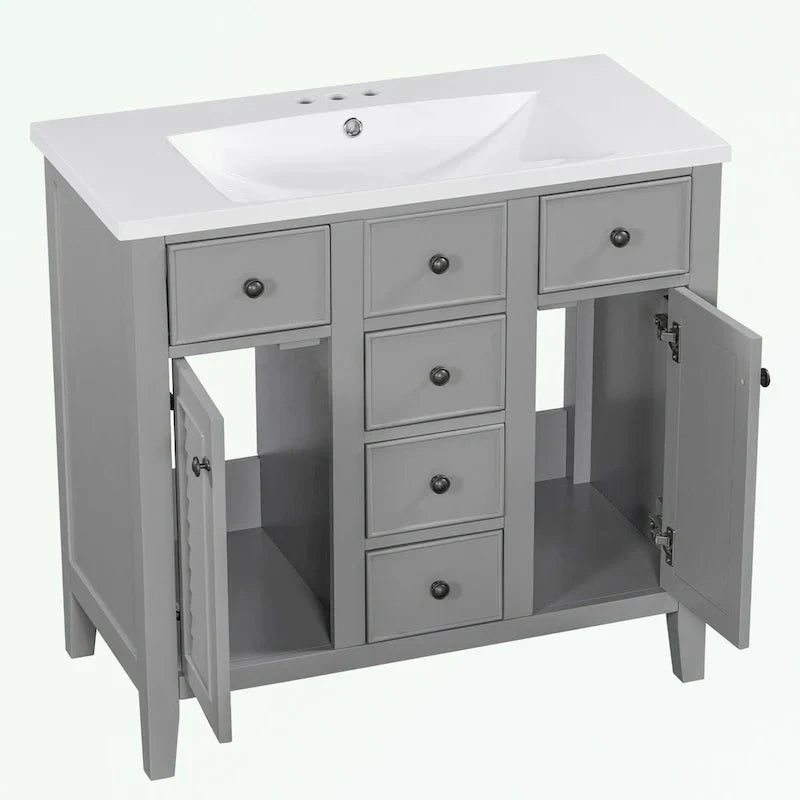 Mueble de baño con lavabo cerámico, dos armarios y cinco cajones