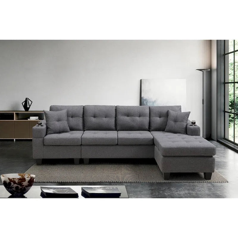 Sofá Seccional para Sala de Estar con Chaise Longue en Forma de L y portavasos