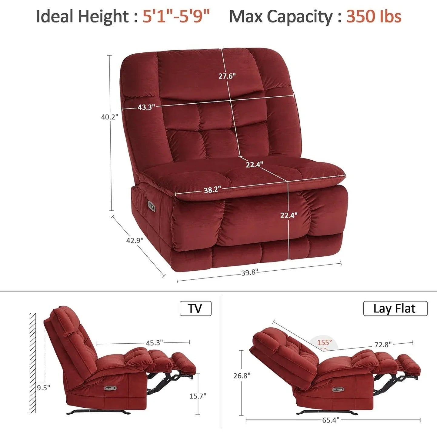 MCombo Sillón reclinable de balanceo eléctrico sin brazos con doble motor de gran tamaño, reclinable sin brazos, perfecto para sala de estar, tela PR607