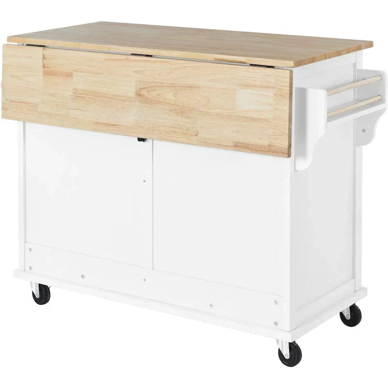 Carro de cocina con encimera de madera de caucho abatible, puerta corredera oculta de granero de altura ajustable, isla de cocina con 4 ruedas