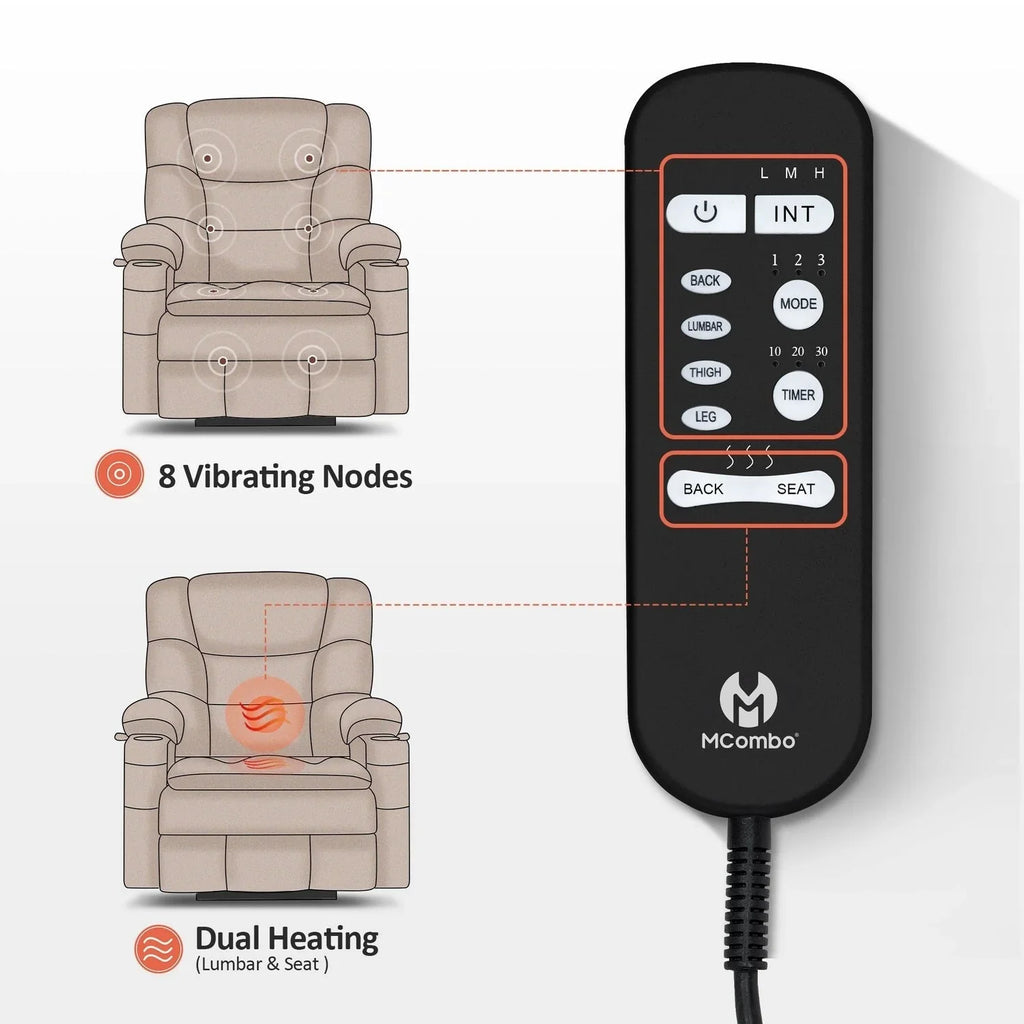 MCombo Sillón reclinable elevador eléctrico con motor dual ancho grande, masaje y doble calefacción para personas mayores altas y corpulentas, tela R7635