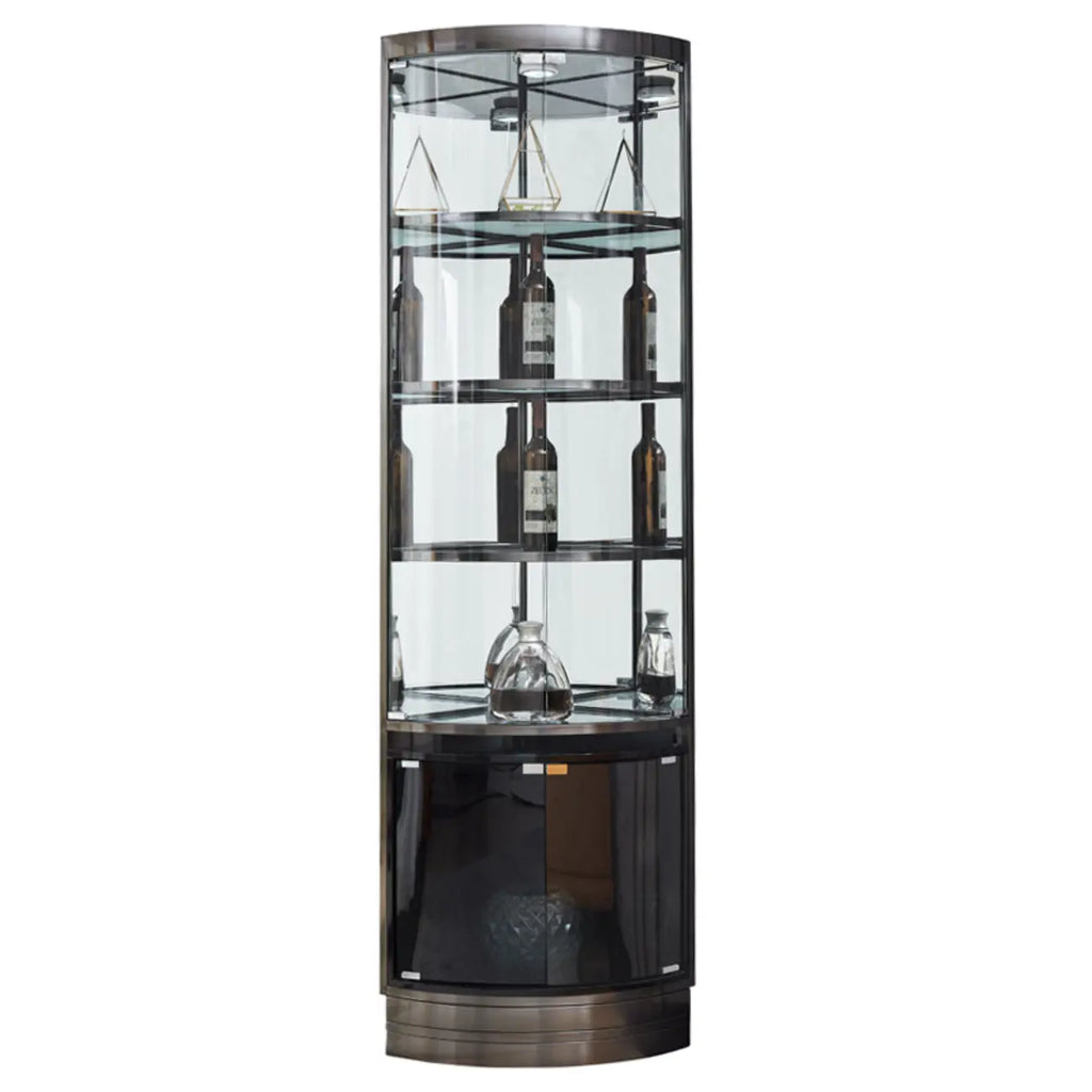 Vitrina esquinera para vinos con estantes de cristal y metal de varios niveles