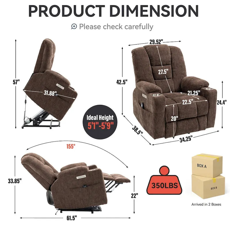 Sillón reclinable Power Lift con masaje y calor, reclinables anchos Lazy Boy extragrandes con USB, puertos tipo C y 2 portavasos de acero