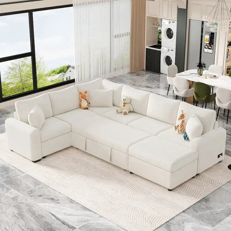 Sofá seccional de chenilla con sofá cama extraíble, sofá cama en forma de L con otomana de almacenamiento, 3 almohadas y dispositivos de carga