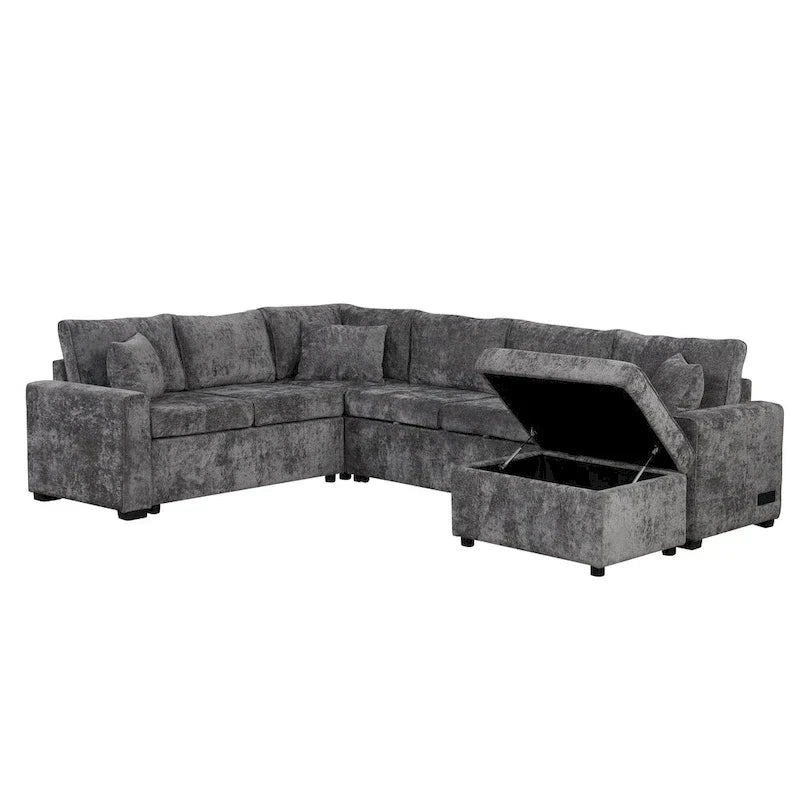 Sofá seccional de chenilla con sofá cama extraíble, sofá cama en forma de L con otomana de almacenamiento, 3 almohadas y dispositivos de carga