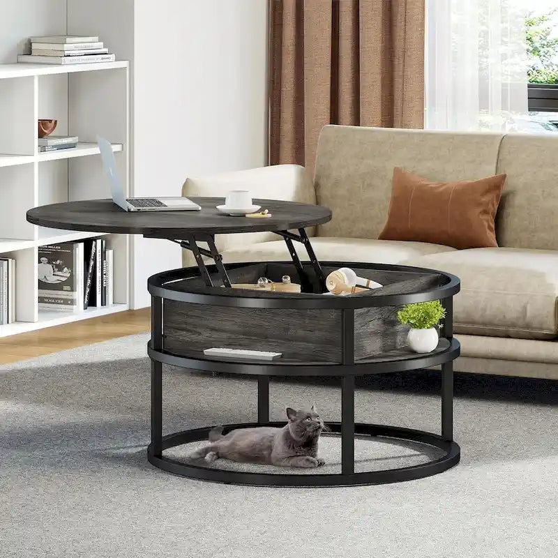 Mesa de centro redonda elevable Moasis Farmhouse con almacenamiento oculto y estante