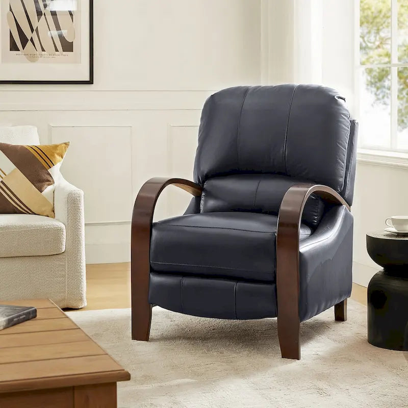 Sofá reclinable manual Alex Mid-century Modern Cigar de cuero genuino con brazos curvos de madera