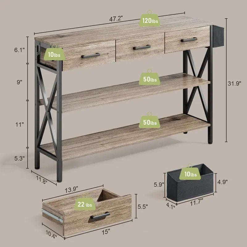 Mesa Consola con 3 Cajones, Mesa Sofá de Entrada con Estantes de Almacenamiento de 3 Niveles
