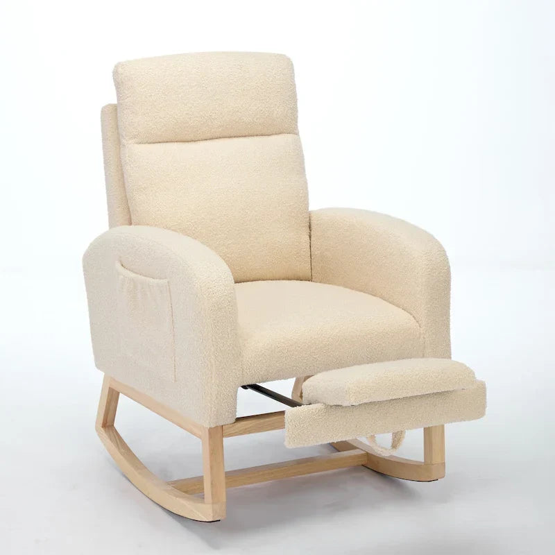Moderna mecedora tapizada de respaldo alto de 29.5" con patas de madera maciza y reposapiés ajustable