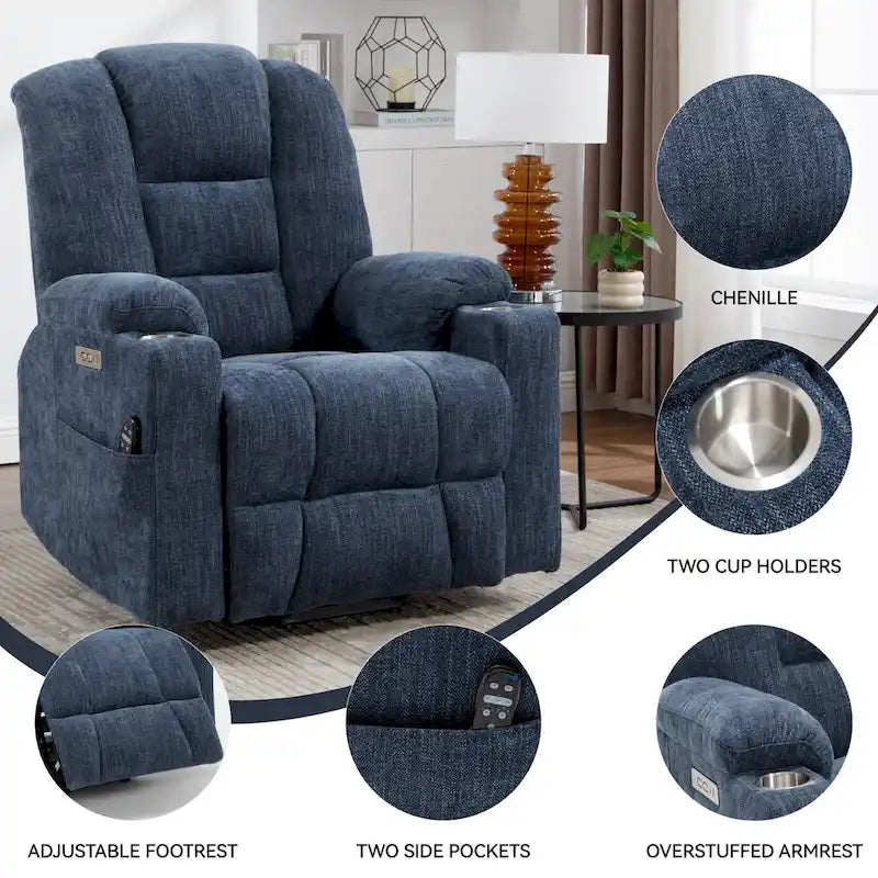 Sillón reclinable Power Lift con masaje y calor, reclinables anchos Lazy Boy extragrandes con USB, puertos tipo C y 2 portavasos de acero
