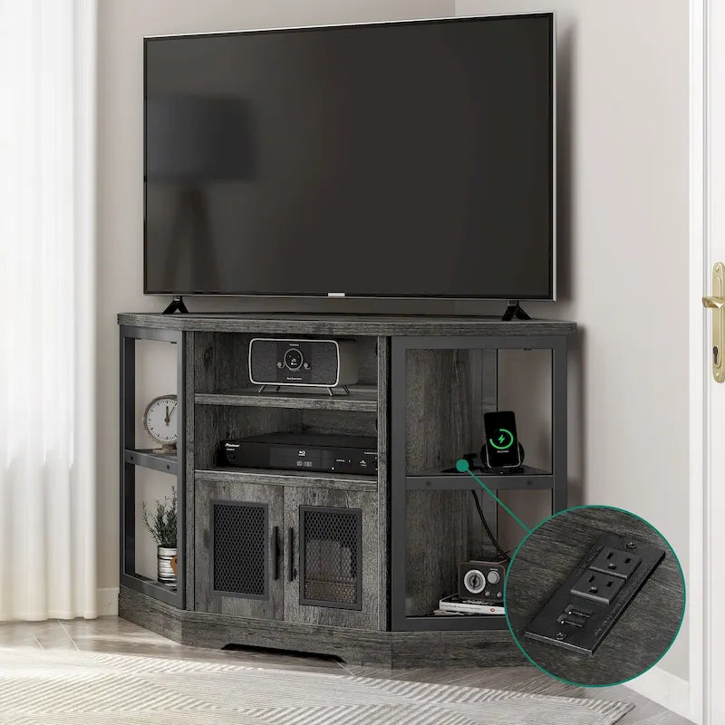 Mueble esquinero para TV estilo rústico, centro de entretenimiento y consola multimedia para televisores de hasta 55 pulgadas con toma de corriente