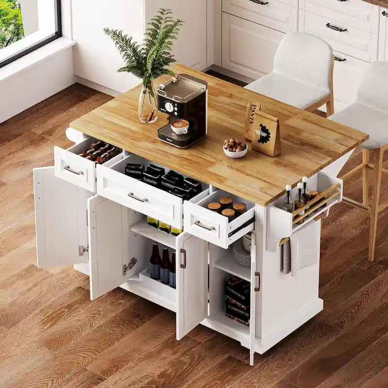 Isla de cocina grande con hoja abatible de madera, carrito de cocina con textura en relieve, puertas y cajones con almacenamiento para cocina, blanco