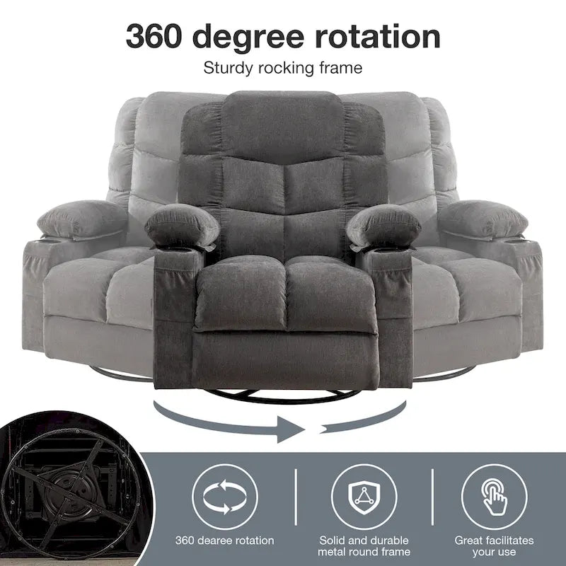 Reclinable extragrande gris con calor y masaje, reclinación de 150°, balanceo de 30°, carga USB y 2 portavasos