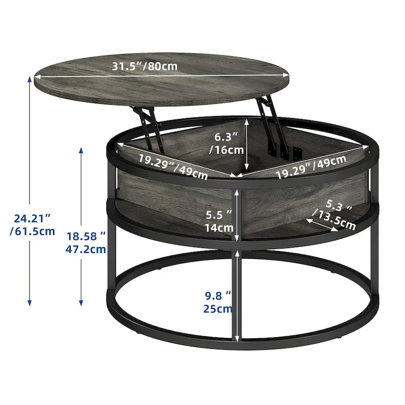 Mesa de centro redonda elevable Moasis Farmhouse con almacenamiento oculto y estante
